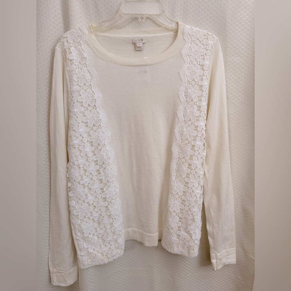 J. Crew Cream Long-Sleeve Lace-Trim Top